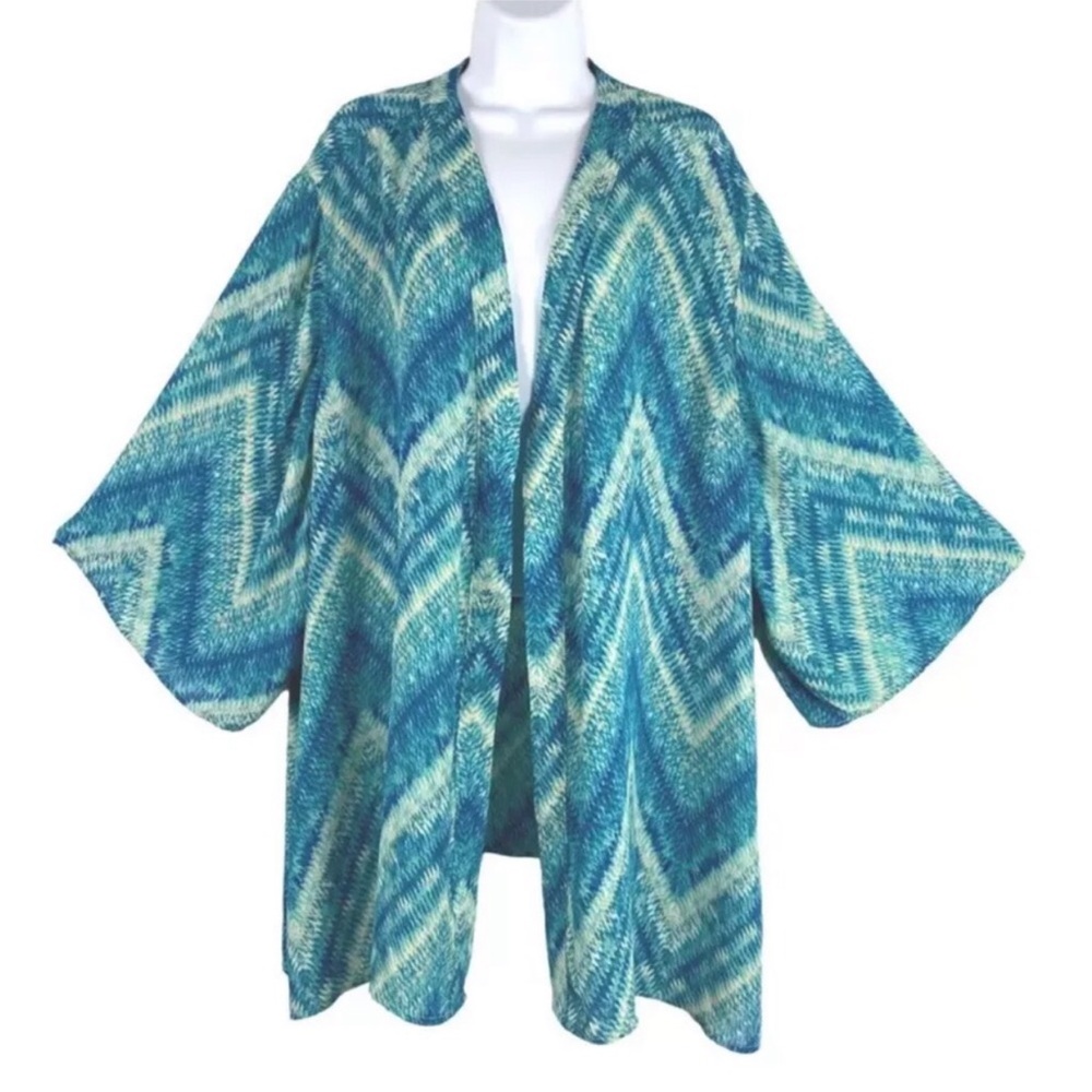 Catherines Women kimono Open Front SZ XL Blue Drop Sleeve Chevron Print Feminine